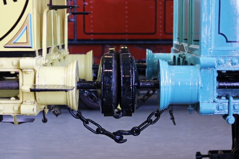 Photo of coupling mechanism connecting two train cars