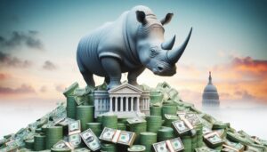 A giant rhinoceros standing on top of the US Treasury surrounded by a pile of coins and dollar bills, with the Capitol building in the background at sunset