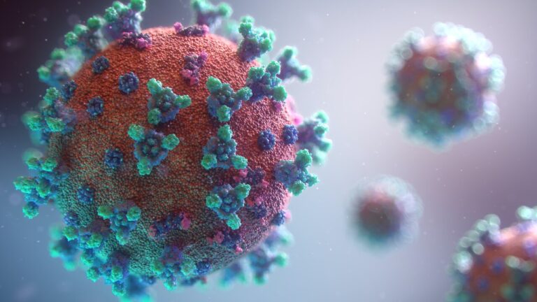Visualization of coronavirus with blurry viruses in the background