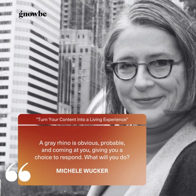 Woman with glasses (Michele Wucker) in downtown Chicago with quote: "A gray rhino is obvious, probable, and coming at you, giving you a choice to respond. What will you do"