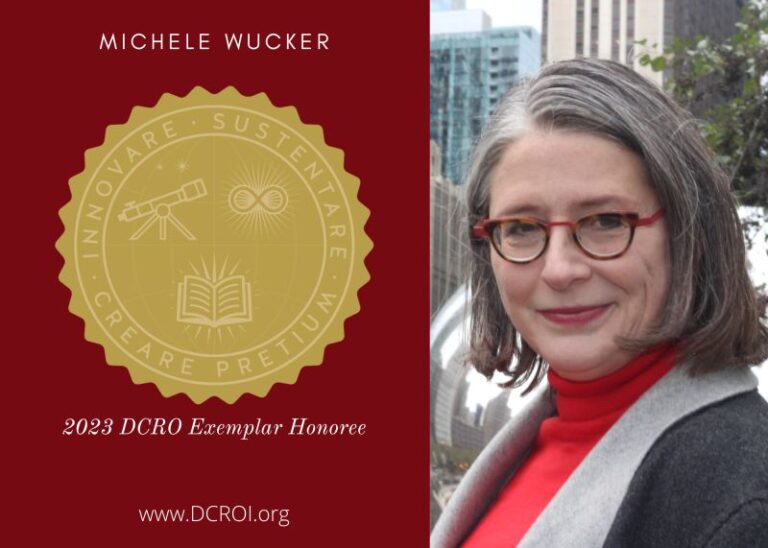 Photo of a woman with glasses next to a gold embossed award seal