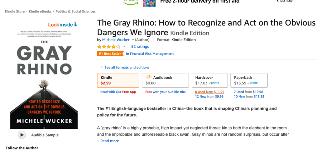 Screen shot of amazon landing page for THE GRAY RHINO showing #1 Financial Risk Management best seller