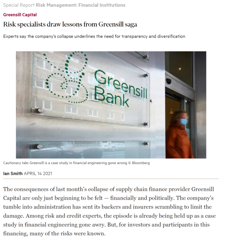 FT: Risk Lessons from the Greensill Saga Screenshot of FT article on Risk lessons from Greensill sage