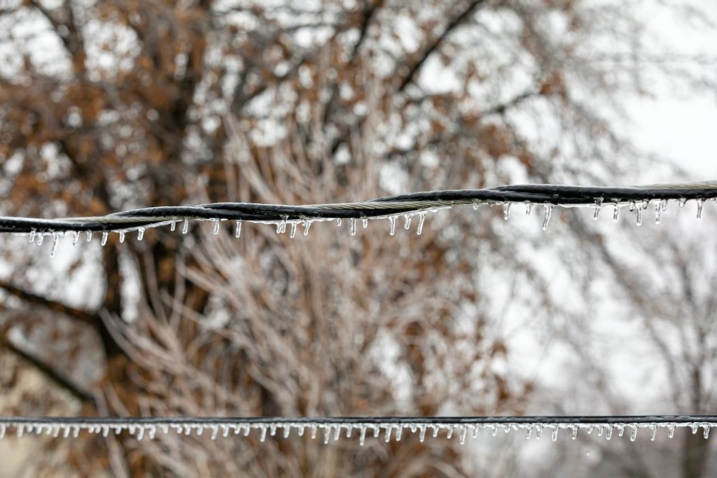 Power lines covered in ice against tree background