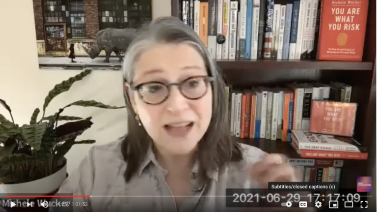 Screenshot of Michele Wucker speaking in front of a bookcase