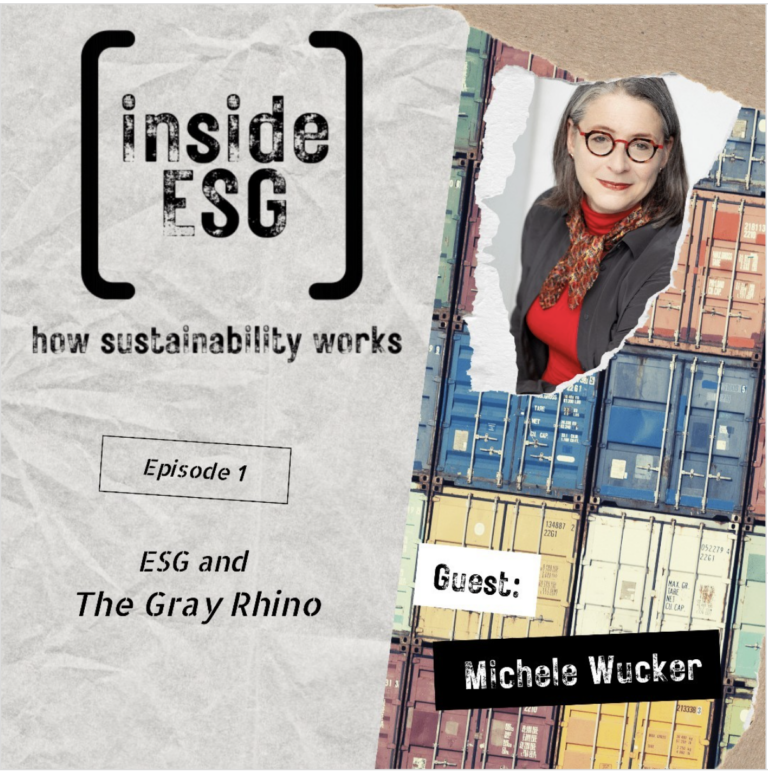 "Inside ESG" logo with collage and photo of woman with glasses