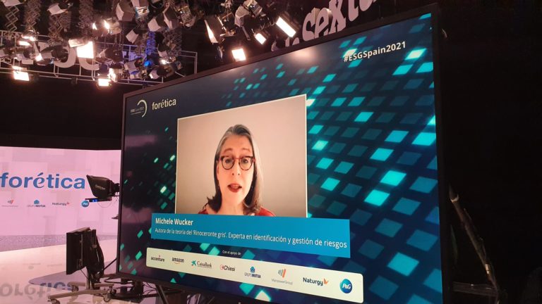 Michele Wucker speaking via large screen