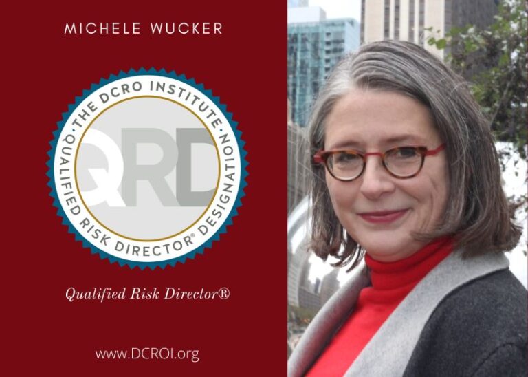 Photo of a woman with glasses and panel with the DCRO Institute logo