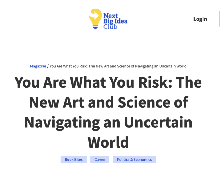 screenshot of Next Big Idea Club lightbulb logo and headline "You Are What You Risk"