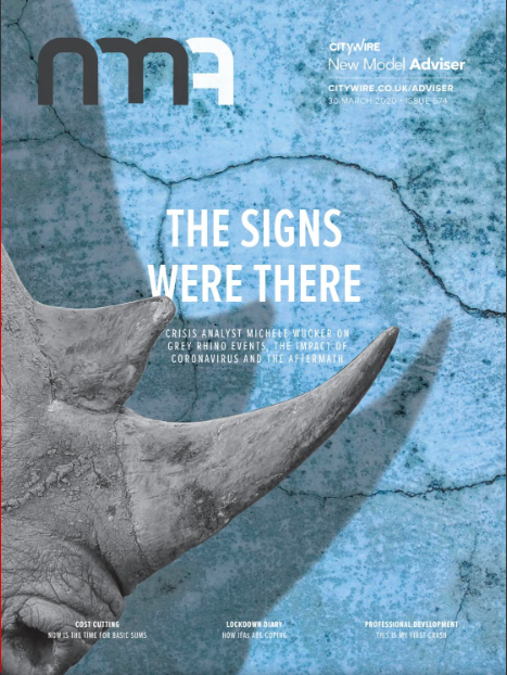 Magazine cover with a rhino horn against a blue background with New Model Adviser logo and text "The Signs Were There"