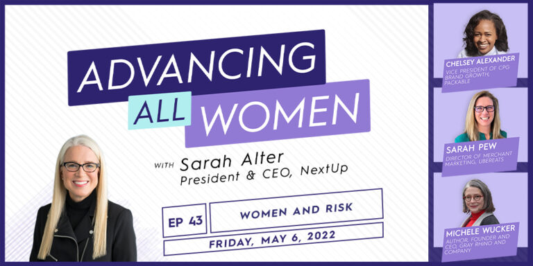 Advancing All Women podcast promo with photos of four women