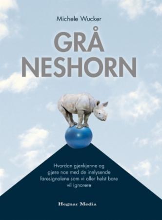 Book Cover: Rhinoceros balancing on top of a blue ball with clouds in the background. "GRÅ NESHORN"