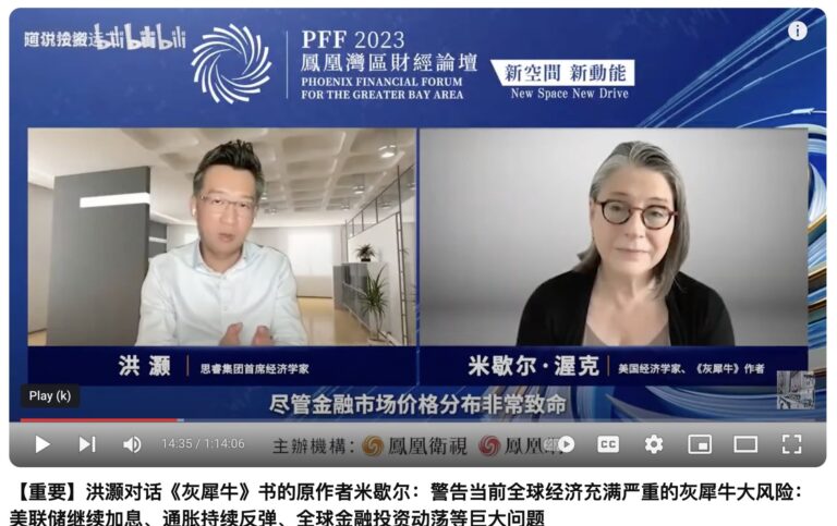 A Chinese man and an American woman in separate video windows under headline "Phoenix Financial Forum for the Greater Bay Area"