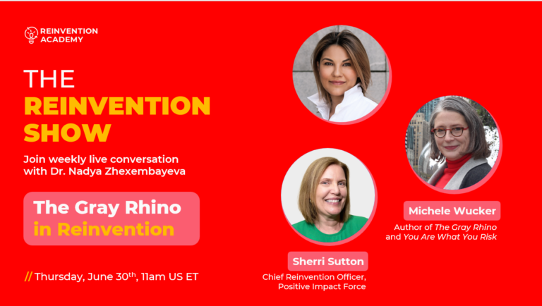 Applying Gray Rhino Theory for Reinvention Headshots of three women with "The Reinvention Show episode: The Gray Rhino in Reinvention"