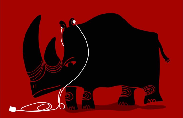 Black rhino wearing earbuds against a red background