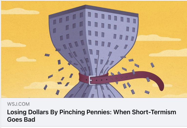 Cartoon image of a belt squeezing a building tight with dollar bills popping out of the windows