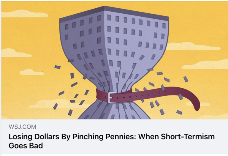 WSJ: Losing Dollars by Pinching Pennies Cartoon image of a belt squeezing a building tight with dollar bills popping out of the windows