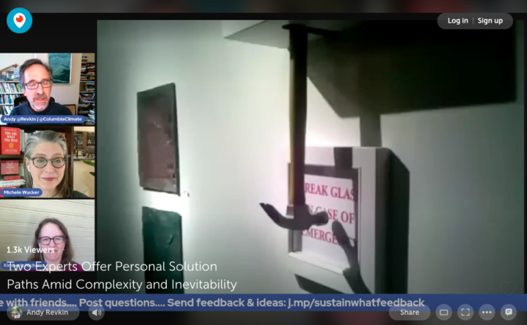 Screenshot of Sustain What podcast with Andrew Revkin, Michel Wucker, and Kimberly Nicholas with image of conceptual art with hammer striking unbreakable "Break glass in case of emergency" box