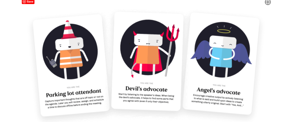 Images of Inclusion Meeting Cards: Devils Advocate, Angels Advocate, and Parking Lot Attendant