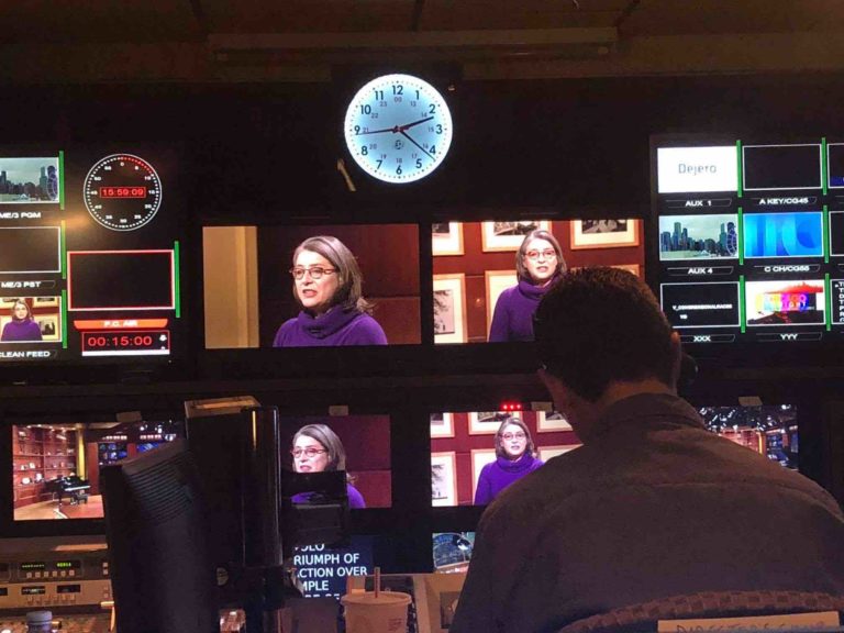 Michele Wucker records EBS Korea broadcast