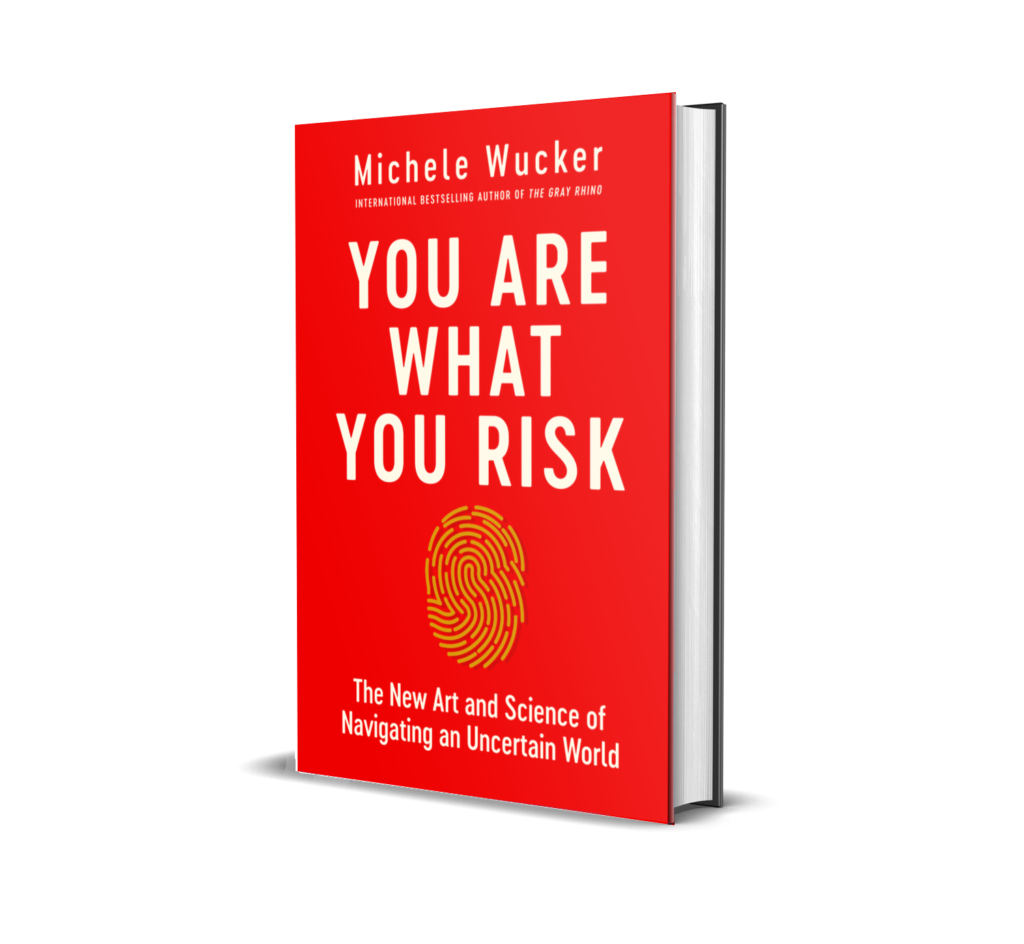 Cover of book, YOU ARE WHAT YOU RISK. Red background with a gold fingerprint made of a maze