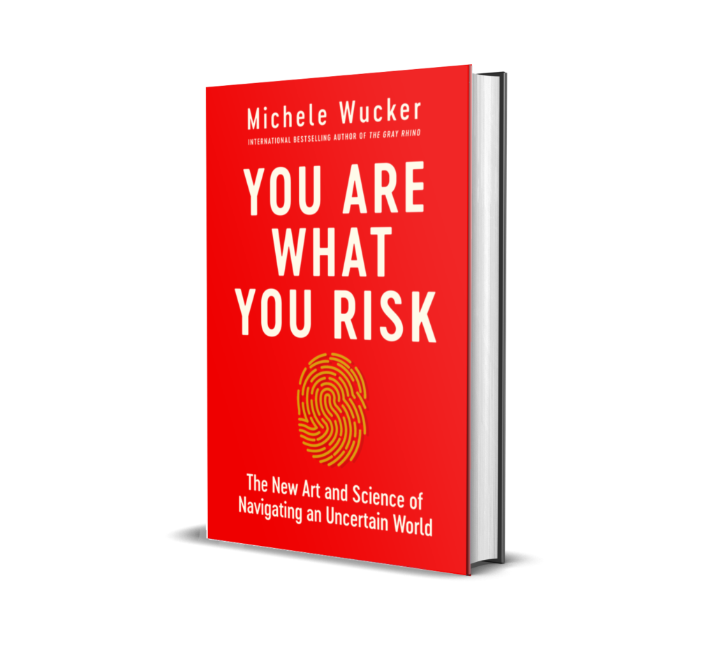 Cover of book, YOU ARE WHAT YOU RISK. Red background with a gold fingerprint made of a maze