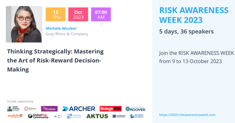 Image of woman with glasses and event tite, Thinking Strategically: Mastering the Art of Risk-Reward Decision-Making" and details: 12 October 2023 7:00am CDT